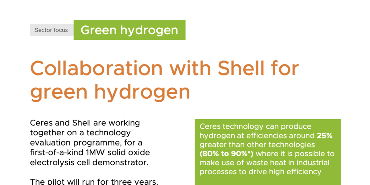 Cerers Shell Collaboration with Shell for green hydrogen - Ceres Power Holdings plc